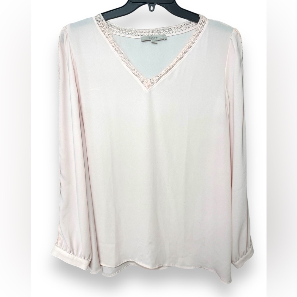Ann Taylor LOFT Pink Sheer V-Neck Lace Trim Long Sleeve Top | Women's Size XXL
